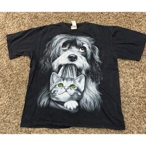 Vintage Y2K Michael Athletic Dept Dog And Cat T-Shirt Black Double Sided Sz XL
